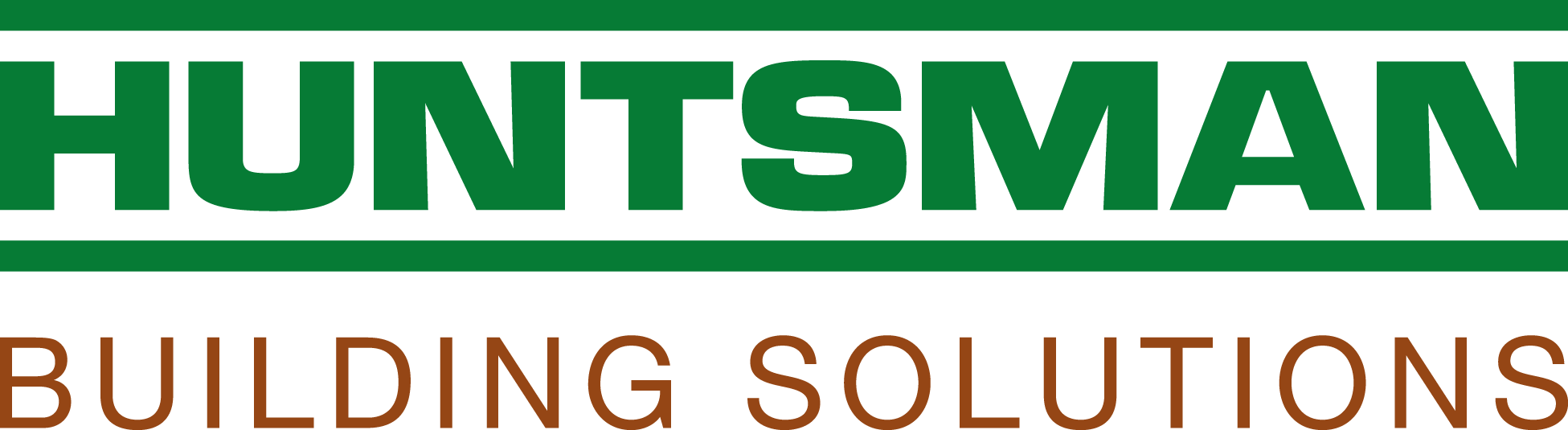 Logotypen visar orden "HUNTSMAN" i stora gröna bokstäver ovanför en grön linje, med "BUILDING SOLUTIONS" i mindre bruna bokstäver under. Denna transparenta bakgrundsdesign återspeglar dess koppling till Demilec.